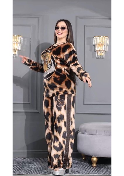 Leopar Crystal Taşlı Kadife Eşofman Takımı - Kiremit