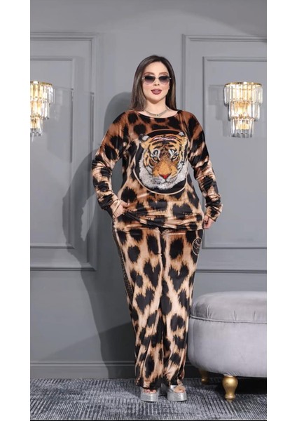 Leopar Crystal Taşlı Kadife Eşofman Takımı - Kiremit