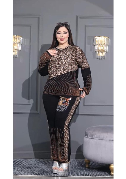 V Yaka Paçası Crystal Taşlı Leopar Takım - Kahve