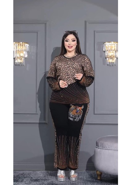V Yaka Paçası Crystal Taşlı Leopar Takım - Kahve fiyatları