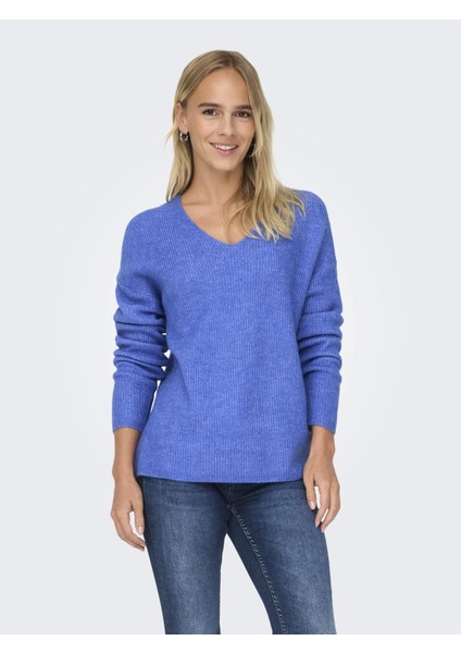 V Yaka Oversize Uzun Kollu Kadın Kazak - Günlük Kışlık Rahat