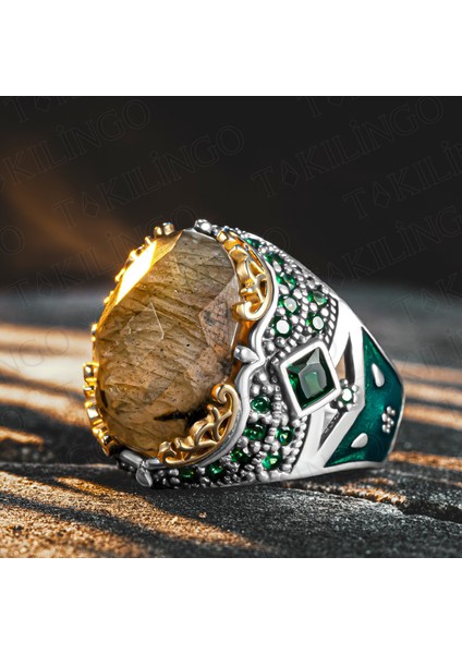 925 Ayar Gümüş Fasetli Labradorit Taşlı Yeşil Zirkon Taş Detaylı Erkek Yüzük