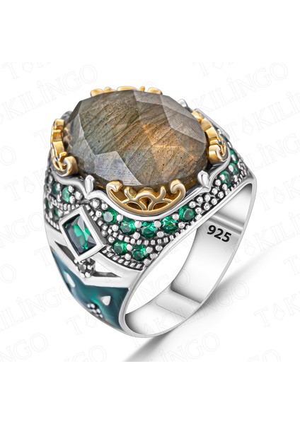 925 Ayar Gümüş Fasetli Labradorit Taşlı Yeşil Zirkon Taş Detaylı Erkek Yüzük fiyatları
