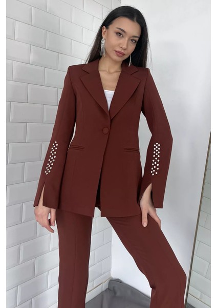Kadın Astarlı Kolu Taş Detaylı Blazer Ceket P-00001651