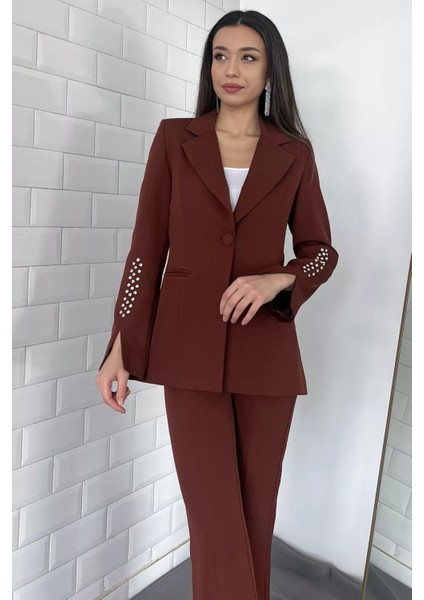 Kadın Astarlı Kolu Taş Detaylı Blazer Ceket P-00001651