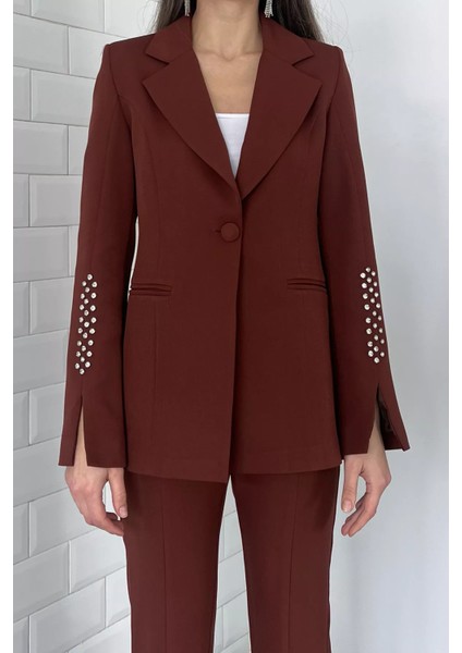 Kadın Astarlı Kolu Taş Detaylı Blazer Ceket P-00001651
