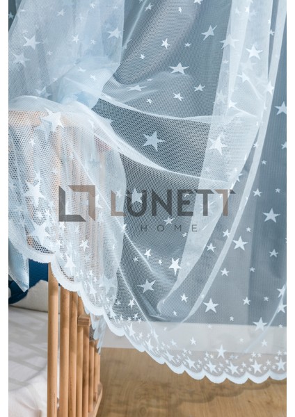 Lunet Home Mavi Yıldızlı Desen Sık Pileli 1x3 Tül Perde Salon Balkon Çocuk Odası Tülü