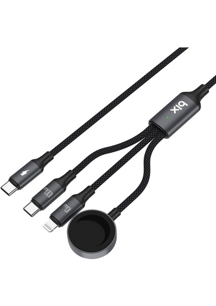 100W Type-C Lightning ve Apple Watch Için 3’ü 1 Arada Çoklu Şarj ve Data Kablosu Koyu Gri 1.2 Metre