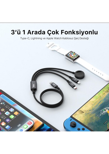 100W Type-C Lightning ve Apple Watch Için 3’ü 1 Arada Çoklu Şarj ve Data Kablosu Koyu Gri 1.2 Metre