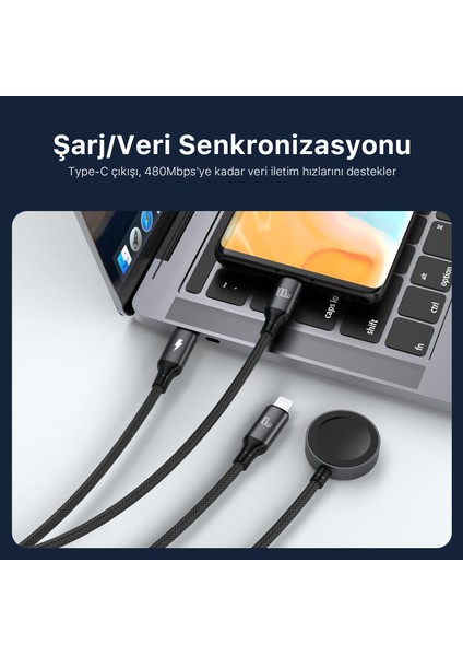 100W Type-C Lightning ve Apple Watch Için 3’ü 1 Arada Çoklu Şarj ve Data Kablosu Koyu Gri 1.2 Metre