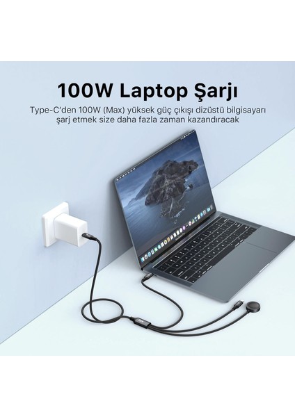100W Type-C Lightning ve Apple Watch Için 3’ü 1 Arada Çoklu Şarj ve Data Kablosu Koyu Gri 1.2 Metre