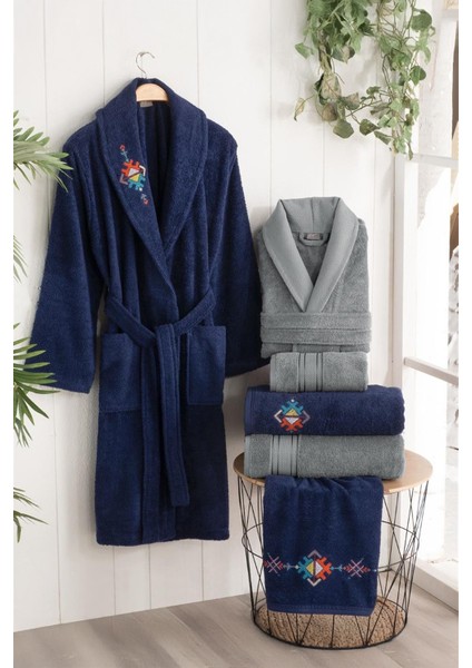 Bazaar Amora Mavi/gri %100 Pamuk Aile Bornoz Seti