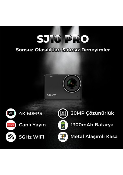 SJ10 PRO 4K60 FPS 20MP 5GHz WiFi UHD 8X Dijital Zoom 150° FPV Geniş Açı 2.33” Geniş Ekran Canlı Yayın 240FPS Ağır Çekim 6 Eksenli Jiroskop EIS H.265 1300mAh Batarya Aksiyon Kamerası Siyah modelleri