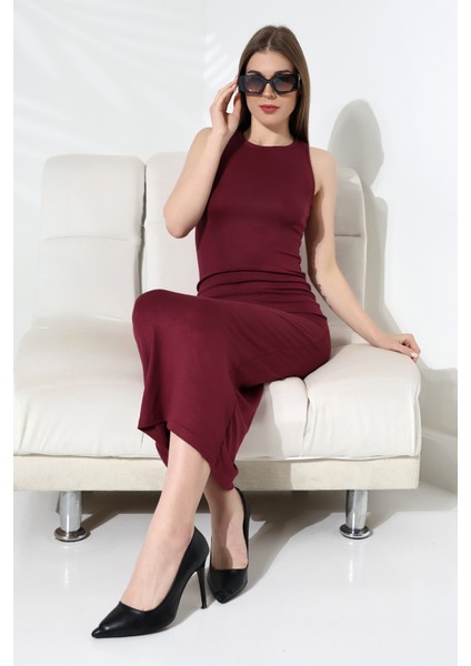 Bisiklet Yaka Kolsuz Klasik Tasarım Düz Elbise 21905 Bordo modelleri