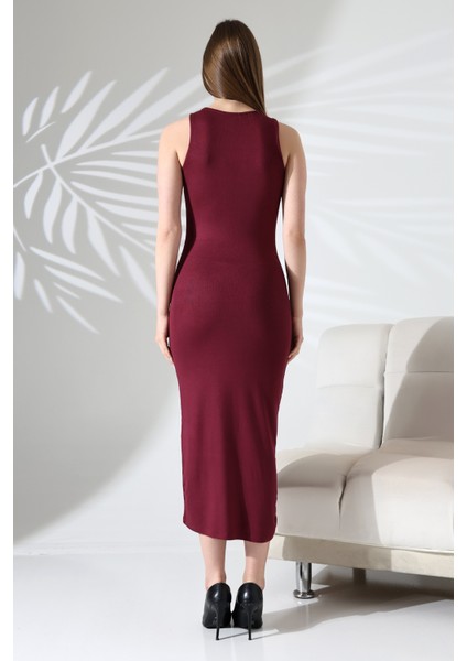 Bisiklet Yaka Kolsuz Klasik Tasarım Düz Elbise 21905 Bordo fırsatları