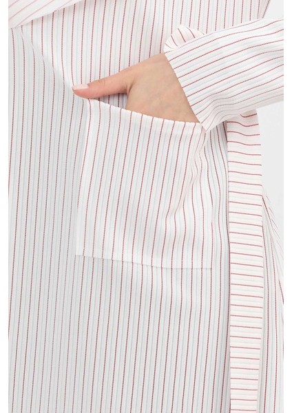 1059 Çizgili Cepli Uzun Hırka Kırmızı indirimleri