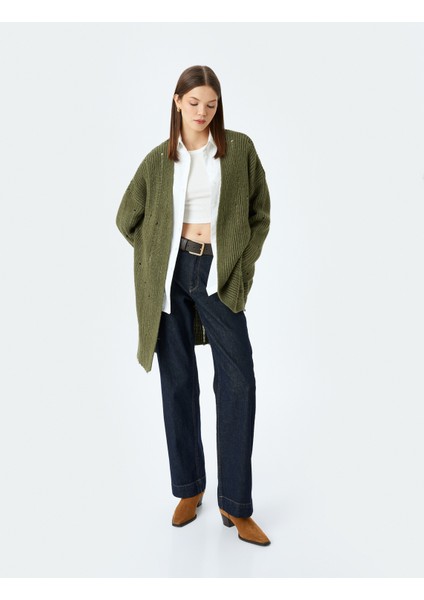 Oversize V Yaka Dökümlü Uzun Triko Hırka