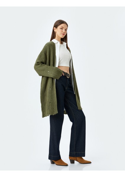 Oversize V Yaka Dökümlü Uzun Triko Hırka