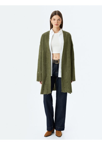 Oversize V Yaka Dökümlü Uzun Triko Hırka