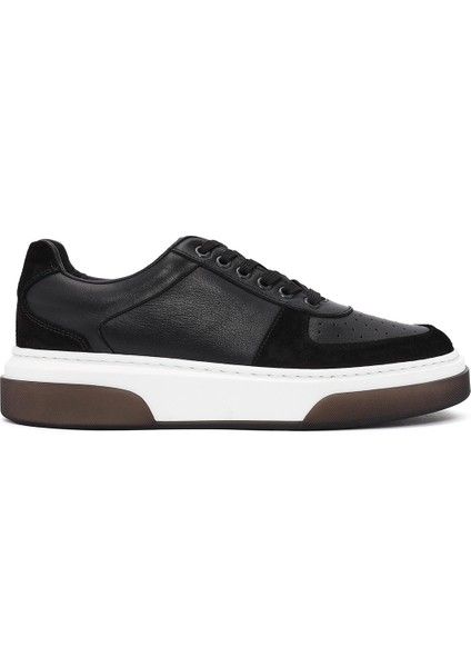 Erkek Siyah Bağcıklı Kalın Tabanlı Deri Sneaker 24WFD611118