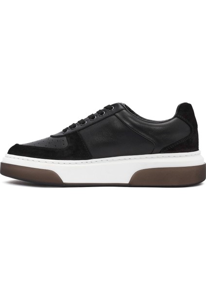 Erkek Siyah Bağcıklı Kalın Tabanlı Deri Sneaker 24WFD611118