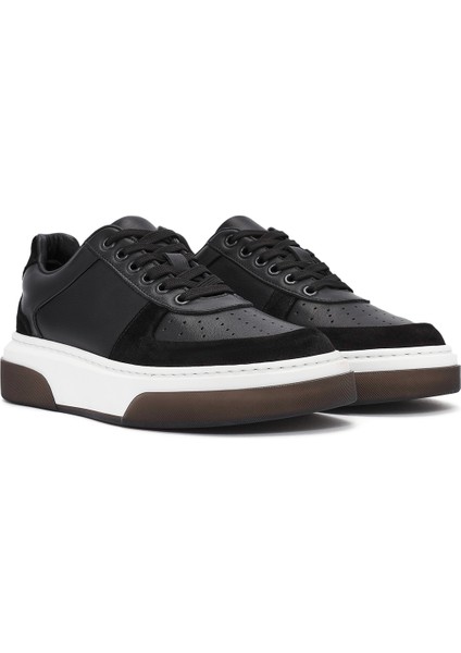 Erkek Siyah Bağcıklı Kalın Tabanlı Deri Sneaker 24WFD611118