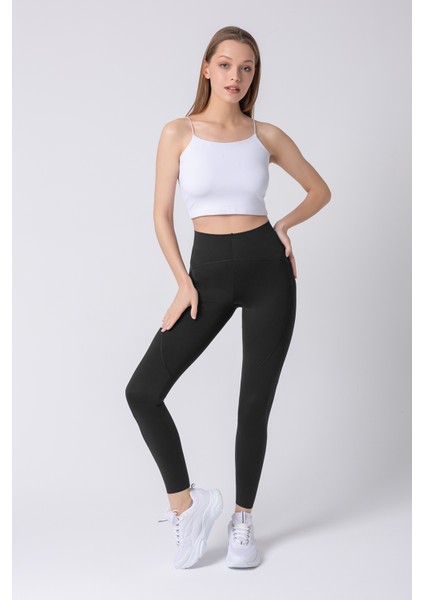 Kadın Siyah Lazer Kesim Ekstra Toparlayıcı Push Up Sporcu Tayt