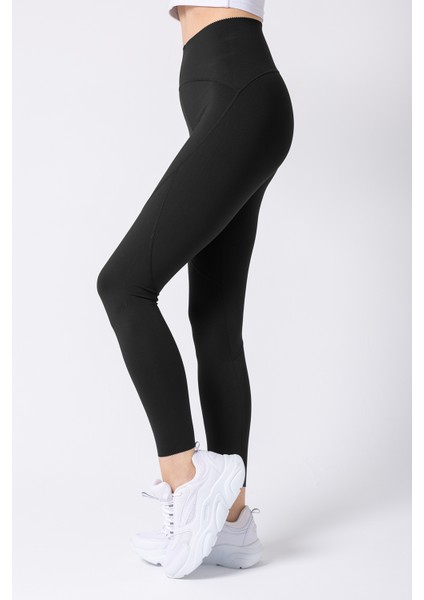 Kadın Siyah Lazer Kesim Ekstra Toparlayıcı Push Up Sporcu Tayt