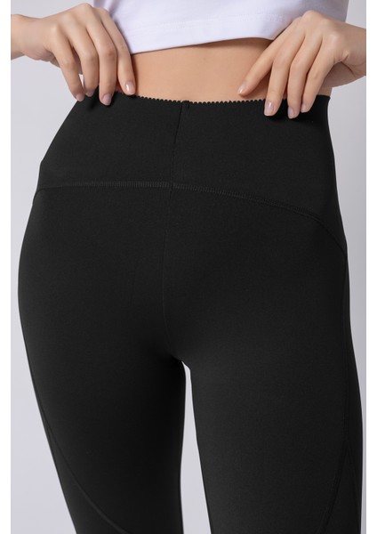 Kadın Siyah Lazer Kesim Ekstra Toparlayıcı Push Up Sporcu Tayt