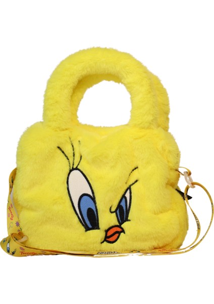Tweety Yumuşak Peluş Tüylü Tek Bölmeli Fermuarlı Küçük Omuz Askılı Çocuk El Çantası