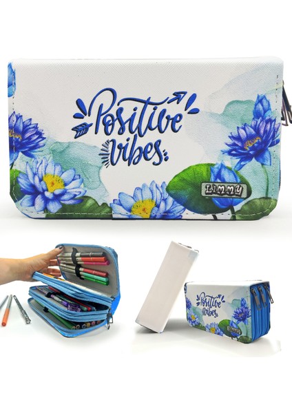 Kalem Kutusu Lotus Positive Vibes Kawai Organizer Kalemkutu Vegan Deri Üç Bölmeli Kalemlik Mavi