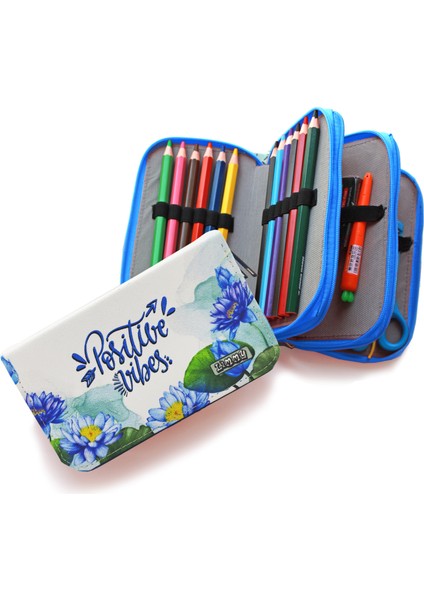 Kalem Kutusu Lotus Positive Vibes Kawai Organizer Kalemkutu Vegan Deri Üç Bölmeli Kalemlik Mavi modelleri