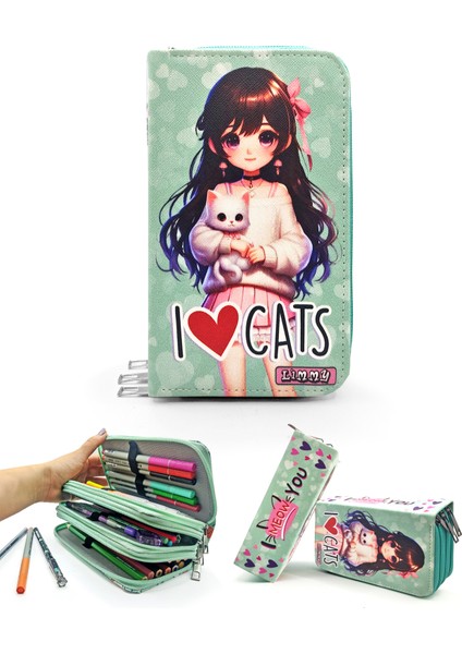 Kalem Kutusu Kedili Kız Kawai Organizer Kalemkutu Vegan Deri Üç Bölmeli Kalemlik -Yeşil
