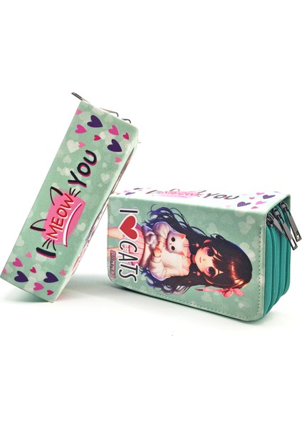 Kalem Kutusu Kedili Kız Kawai Organizer Kalemkutu Vegan Deri Üç Bölmeli Kalemlik -Yeşil fiyatları