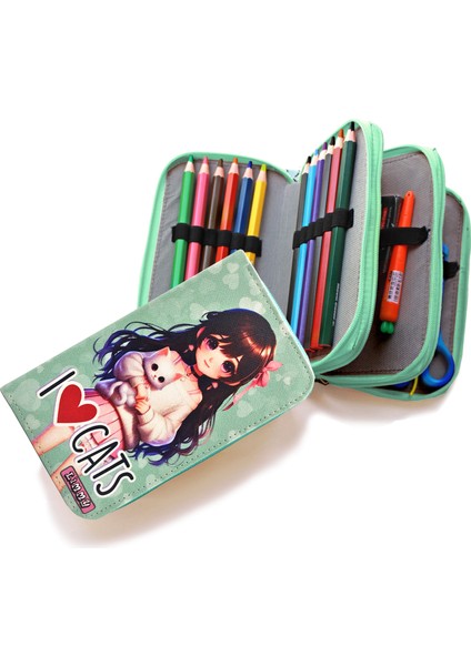 Kalem Kutusu Kedili Kız Kawai Organizer Kalemkutu Vegan Deri Üç Bölmeli Kalemlik -Yeşil modelleri