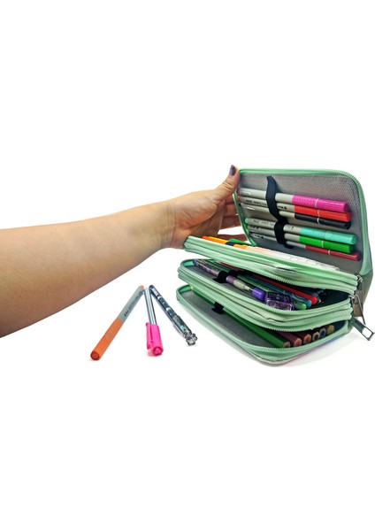 Kalem Kutusu Kedili Kız Kawai Organizer Kalemkutu Vegan Deri Üç Bölmeli Kalemlik -Yeşil fırsatları