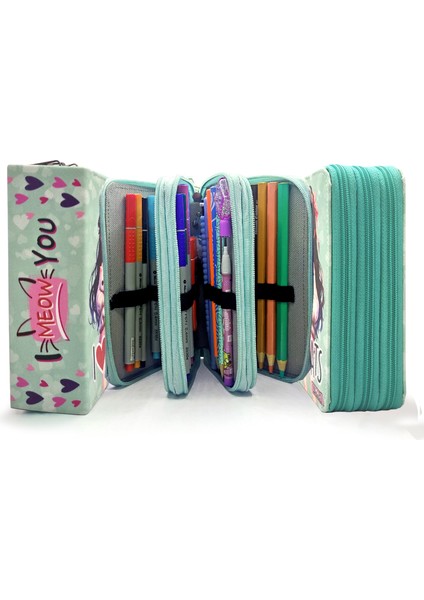 Kalem Kutusu Kedili Kız Kawai Organizer Kalemkutu Vegan Deri Üç Bölmeli Kalemlik -Yeşil indirimleri