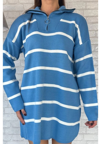 Çizgili Yarım Fermuarlı Triko Tunik P-00012423