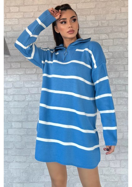 Çizgili Yarım Fermuarlı Triko Tunik P-00012423