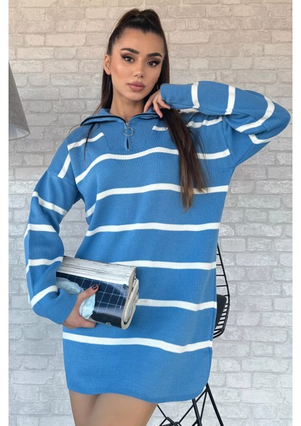 Çizgili Yarım Fermuarlı Triko Tunik P-00012423