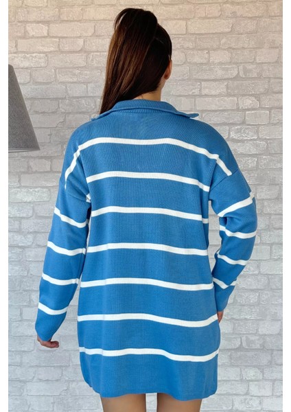 Çizgili Yarım Fermuarlı Triko Tunik P-00012423