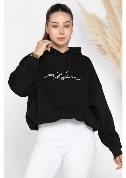 Kadın Kapüşonlu Nakışlı Şardonlu Üç Iplik Oversize Sweatshirt