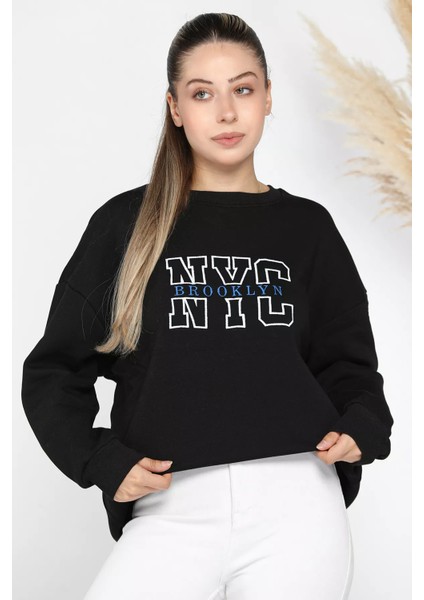 Kadın Nyc Nakışlı Şardonlu Üç Iplik Oversize Sweatshirt