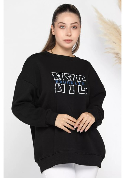 Kadın Nyc Nakışlı Şardonlu Üç Iplik Oversize Sweatshirt