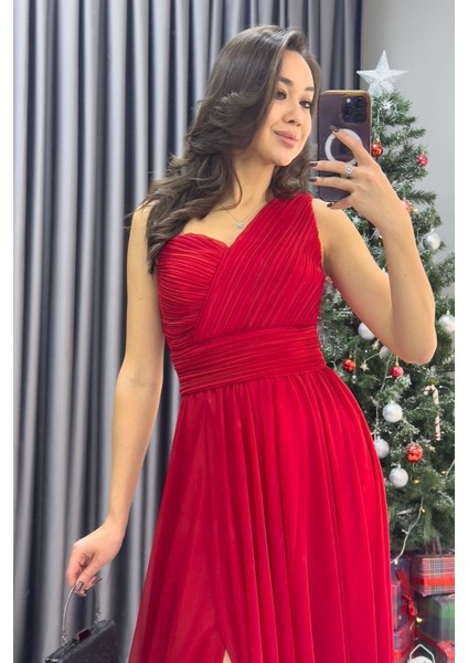 Kadın Tek Omuz Piliseli Kloş Abiye Elbise Lacivert, Siyah, Kırmızı fiyatları