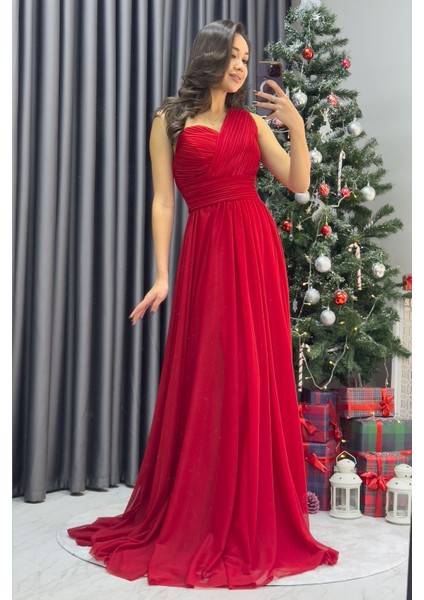 Kadın Tek Omuz Piliseli Kloş Abiye Elbise Lacivert, Siyah, Kırmızı modelleri