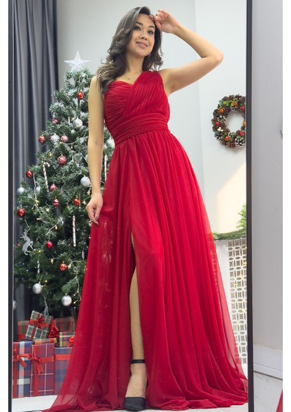 Kadın Tek Omuz Piliseli Kloş Abiye Elbise Lacivert, Siyah, Kırmızı fırsatları