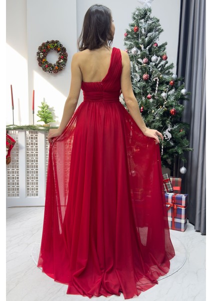 Kadın Tek Omuz Piliseli Kloş Abiye Elbise Lacivert, Siyah, Kırmızı indirimleri