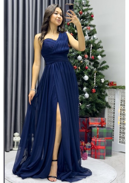 Kadın Tek Omuz Piliseli Kloş Abiye Elbise Lacivert, Siyah, Kırmızı