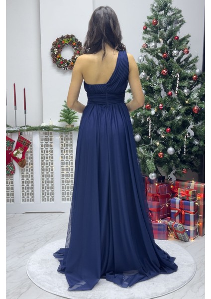 Kadın Tek Omuz Piliseli Kloş Abiye Elbise Lacivert, Siyah, Kırmızı fırsatları